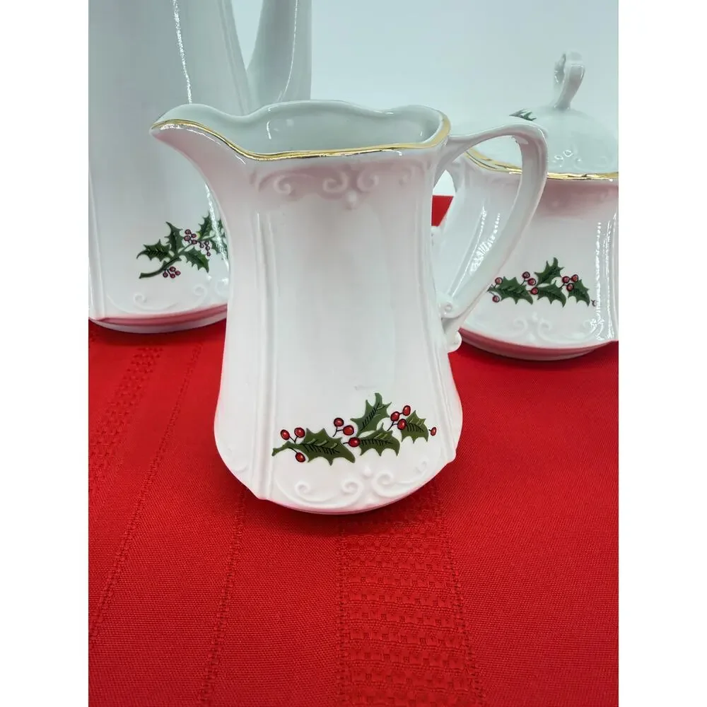 Chodziez Poland Holly Berry Coffee Pot Creamer Sugar Set Christmas Entertaining